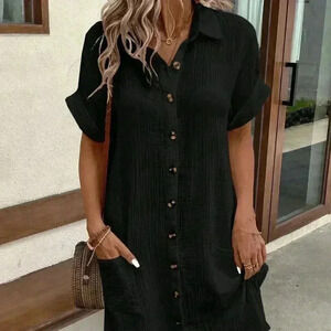 Black Casual Women's Summer Solid Color Bat Wing Sleeve Shirtbaggy Pants Dress